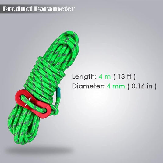 De "Laat je tent stevig staan met onze reflecterende scheerlijn touwen!" is een groen touw van 4 meter (13 voet), 4 mm (0,16 inch) met rode accenten, ideaal voor kampeeravonturen en perfect voor de uitrusting van elke buitenliefhebber.