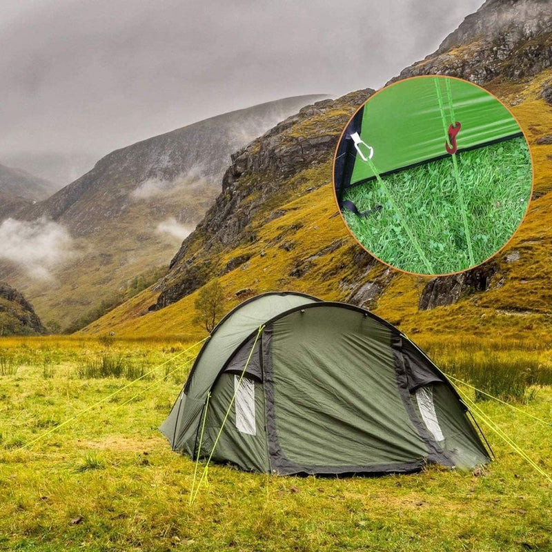 Load image into Gallery viewer, Een groene tent staat op een grasveld met daarachter mistige heuvels. Een inzet benadrukt de stevige aluminium nylon scheerlijnbevestiging van de tent: Laat je tent stevig staan met onze reflecterende scheerlijn touwen! Ideaal voor kampeeravonturen.
