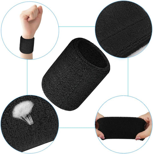 12 stuks absorberende zweetbanden voor dames en heren, zwart, katoen, polsbanden voor sport, basketbal, hardlopen, fietsen, joggen, voetbal, tennis - happygetfit.com