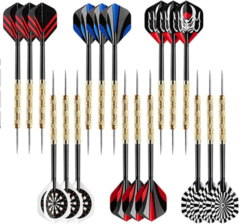 Load image into Gallery viewer, De set &quot;Perfecte dartpijlen voor beginners en enthousiaste spelers! 🎯&quot; bevat darts met diverse afwerkingen en zwarte flights met opvallende rode, blauwe en zwarte designs, compleet met opvallende doelpatronen.
