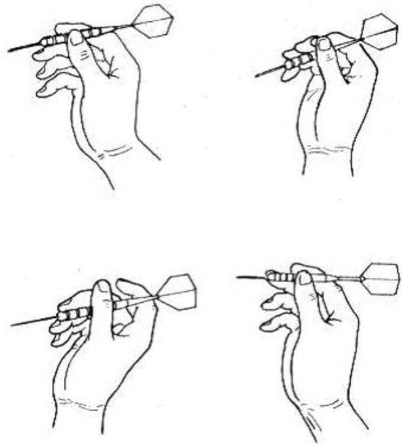 Load image into Gallery viewer, Illustratie van vier verschillende handgrepen die een dart vasthouden, met verschillende technieken voor het spelen van darts met Perfecte dartpijlen voor beginners en enthousiaste spelers! 🎯.
