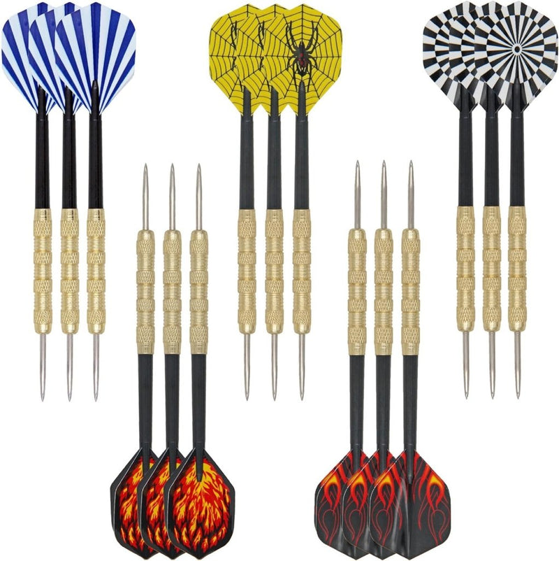Load image into Gallery viewer, De set &quot;Perfecte dartpijlen voor beginners en enthousiaste spelers! 🎯&quot; bevat twaalf darts met stalen punt, met vluchtontwerpen zoals blauwe strepen, een geel spinnenweb, zwart-witte spiralen en vurige patronen. Ze zijn gerangschikt in vier groepen van drie.
