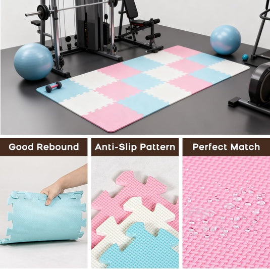 18 stuks (30 x 30 cm) in elkaar te zetten vloermatten, beschermende vloermatten, puzzelmatten, zachte schuimstofmatten, speelmatten, turnmatten - happygetfit.com