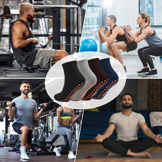 2 paar dames heren antislip grip sokken ABS sport sokken voor yoga pilates barre trampoline fitness vechtsporten ziekenhuis thuis wandelen sokken met handgrepen - happygetfit.com