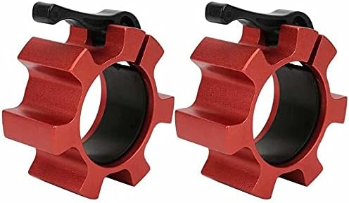 Load image into Gallery viewer, De Olympische halterklemmen, vakkundig vervaardigd voor stabiliteit en veiligheid, zijn ideaal voor CrossFit-enthousiastelingen. Deze twee rode metalen halterklemmen met zwarte hendelvergrendelingen zorgen voor veilige gewichten op een halter.
