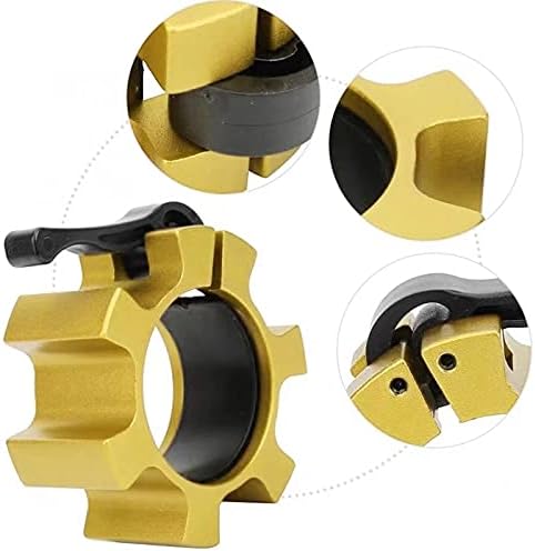 Gouden fietszadelklem met snelspanhendel, met gedetailleerde close-ups van het klemmechanisme en ontwerp. Vergelijkbaar met "Train professioneel met deze Olympische halterklemmen!", biedt het duurzaamheid en precisie voor sportliefhebbers en atleten.