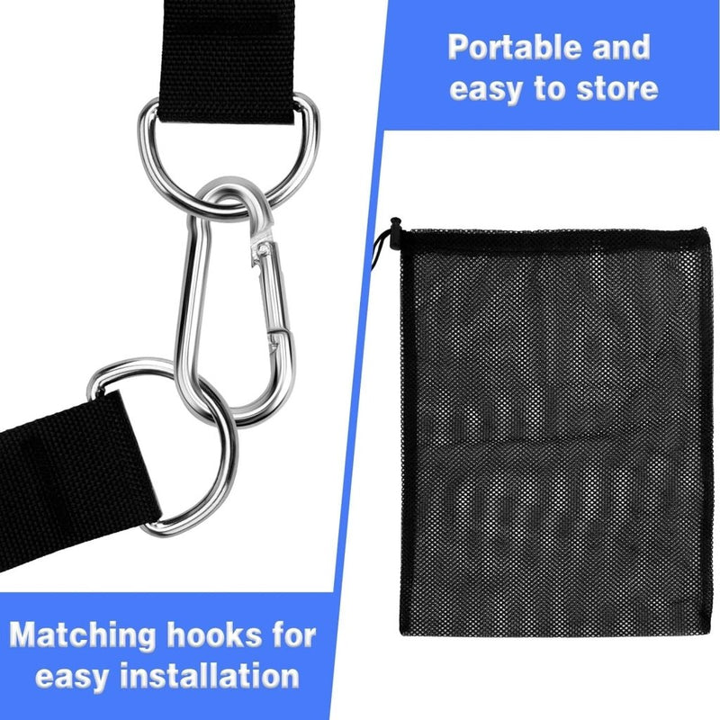 Laad afbeelding in Galerijviewer, Ervaar ultieme krachttraining met deze weerstandsgrepen: Metalen haken op een zwarte band aan de linkerkant zijn perfect voor krachttraining. Rechts wordt een opbergtas van mesh weergegeven. Ze zijn draagbaar, gemakkelijk op te bergen en worden geleverd inclusief bijpassende ophanghaken voor je fitnessapparatuur.
