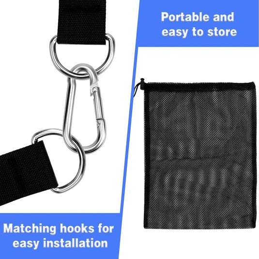 Ervaar ultieme krachttraining met deze weerstandsgrepen: Metalen haken op een zwarte band aan de linkerkant zijn perfect voor krachttraining. Rechts wordt een opbergtas van mesh weergegeven. Ze zijn draagbaar, gemakkelijk op te bergen en worden geleverd inclusief bijpassende ophanghaken voor je fitnessapparatuur.