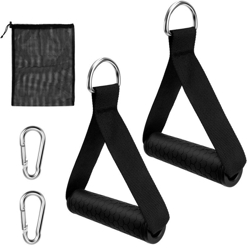 Laad afbeelding in Galerijviewer, De &quot;Ervaar ultieme krachttraining met deze weerstandsgrepen&quot; omvat twee zwarte weerstandsgrepen met metalen D-ringen, twee karabijnhaken en een opbergtas van mesh - ideaal voor krachttraining en het uitbreiden van uw collectie fitnessapparatuur.
