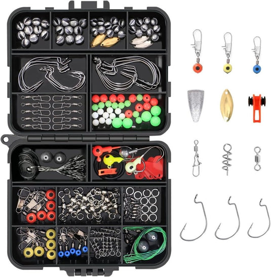 De Onmisbare vishaken kit voor elke vissessie! vistuigbox bevat hengelaccessoires met haken, wartels, gewichten, kunstaas en dobbers. Extra visaccessoires worden handig naast de box weergegeven voor eenvoudige toegang.