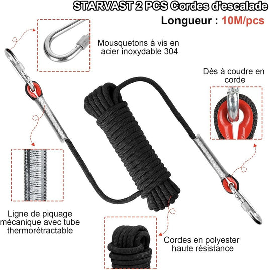 2x statisch outdoor touw 10 m x 10 mm – met 4 karabijnhaken en reflecterende details - happygetfit.com