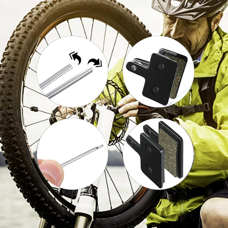 Load image into Gallery viewer, Iemand draagt een groen jasje en repareert een mountainbikeband. Close-ups tonen Perfecte remblokken voor jouw mountainbike avonturen! (halfmetalen remblokken) en essentieel gereedschap.
