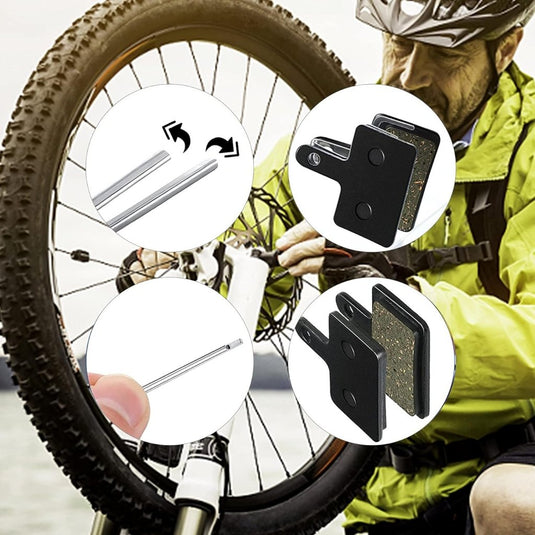 Iemand draagt een groen jasje en repareert een mountainbikeband. Close-ups tonen Perfecte remblokken voor jouw mountainbike avonturen! (halfmetalen remblokken) en essentieel gereedschap.