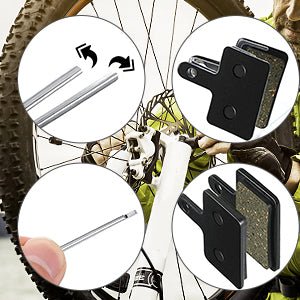 Load image into Gallery viewer, Close-up van Perfecte remblokken voor jouw mountainbike avonturen! en metalen staven tegen een fietswiel, met geïllustreerde pijlen die verstelbare onderdelen markeren.
