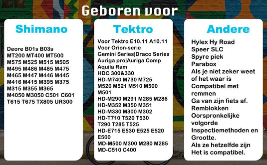 Ontdek onze meertalige advertentie met compatibele Shimano- en Tektro-producten voor uw mountainbike, met modellen en series die onder elk merk worden vermeld. Vind de Perfecte remblokken voor uw mountainbike-avonturen! om uw fietservaring te verbeteren.