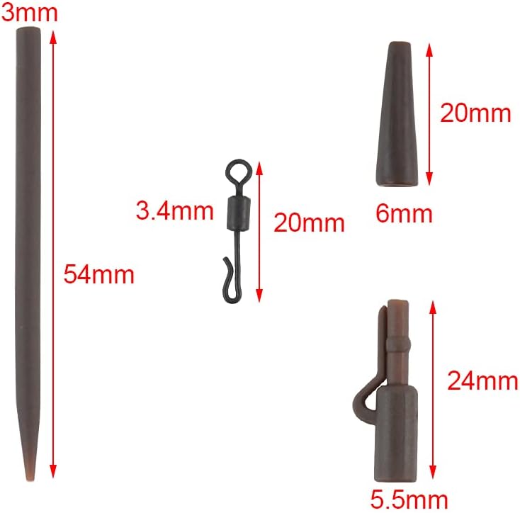 Load image into Gallery viewer, De hengelsportonderdelen in de &quot;Ontdek de ultieme karpervissen rig set voor een succesvolle vangst!&quot; bestaan uit een 54mm taps toelopende stok, een 3,4mm wartelhaak en een 20mm kegel voor helikopter hair rigs, plus een 24mm clip met staartrubber, ideaal voor veiligheidsloodclips.
