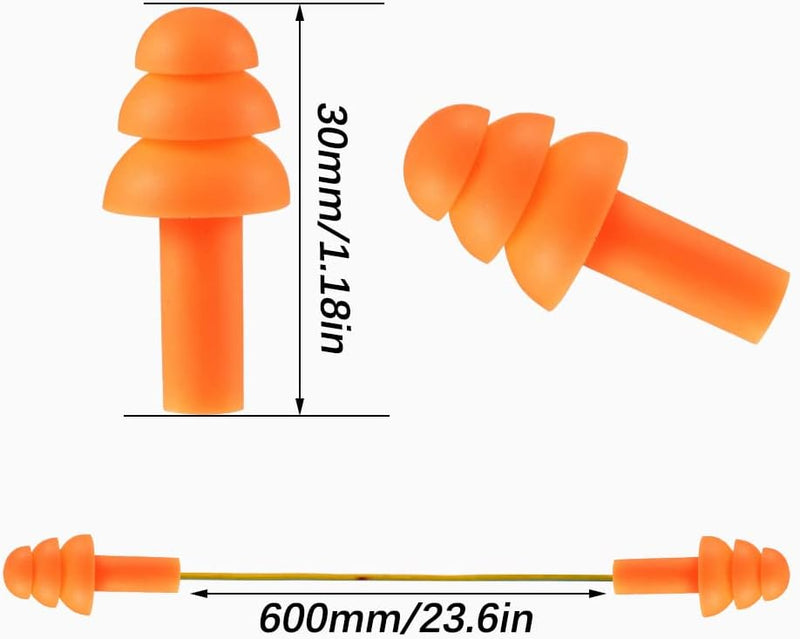 Load image into Gallery viewer, De Geniet herbruikbare siliconen oordopjes in oranje hebben een triple-flange design en verbindingskoord, wat zorgt voor een uitzonderlijke ruisonderdrukking. Met oordoplengtes van 30mm (1.18in) en een koord van 600mm (23.6in) zorgen ze voor een perfecte pasvorm en duurzaamheid in elke omgeving.

