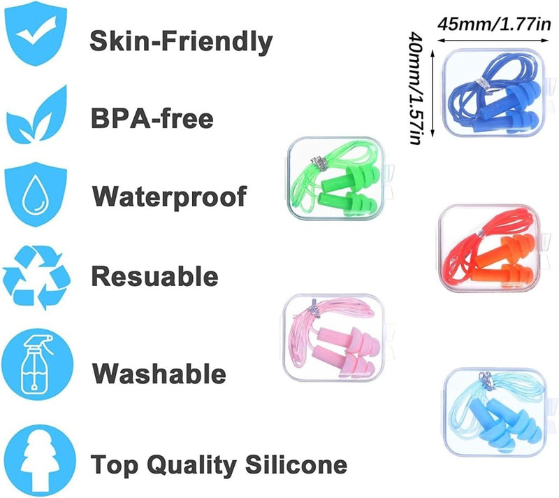 Load image into Gallery viewer, Afbeelding van blauwe, groene en roze siliconen oordopjes in doorzichtige verpakking, met kenmerken: huidvriendelijk, BPA-vrij, waterdicht met ruisonderdrukking, herbruikbaar, wasbaar. Productnaam: &quot;Geniet van roest en comfort met onze herbruikbare siliconen oordopjes!.
