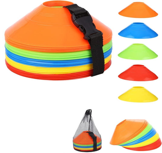 50 stuks markeerkegels, sportkegels met gespriemen, mesh zak, voetbalkegels set voor voetbal, hockey, schaatsen, handbal of coördinatietrainingshulpmiddel (5 kleuren) - happygetfit.com