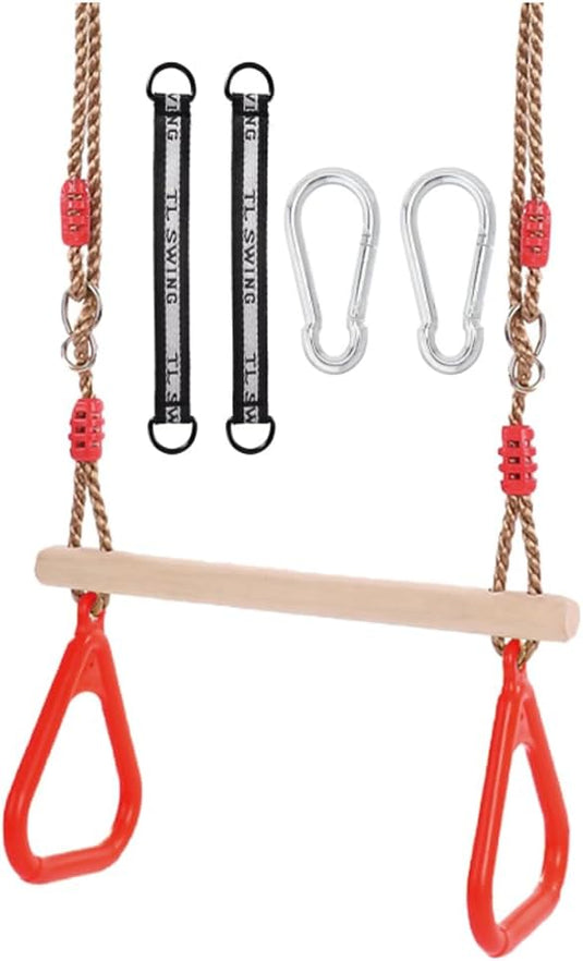 Trapezeschommel 2-in-1 met gymnastiekringen tot 120 kg – houten turnschommel – binnen en buiten