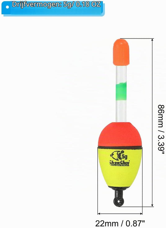 Visdobbers 5 stuks 5 gram van EVA geel 86 mm – schuifdobbers – visaccessoires