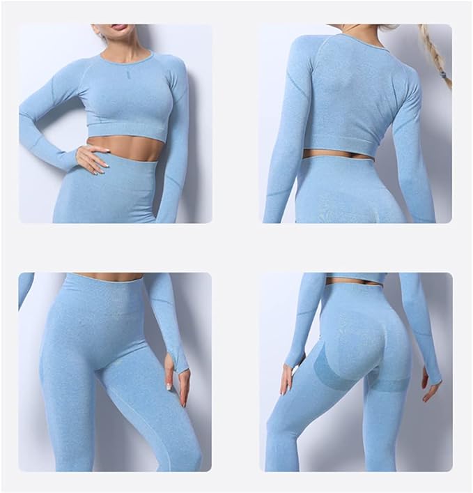 Laad afbeelding in Galerijviewer, Vier aanzichten van een persoon in de driedelige yoga-work-outset genaamd &quot;Zie er geweldig uit en voel je geweldig&quot; in lichtblauw, met een croptop met lange mouwen en naadloze leggings met hoge taille, vanuit alle hoeken getoond.
