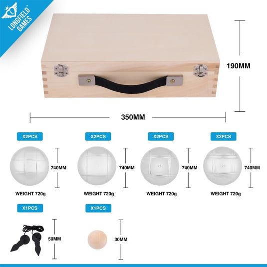 Engelhart - 010206 - Petanque ballen set (8 bouleballen) luxe petanque spellen - boules set in houten kist, 8 stuks - Jeu de boules -