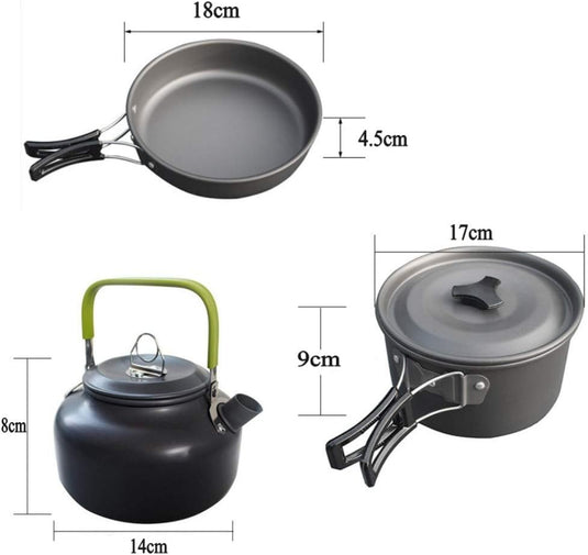 JZK Camp Cookware 2-3 People Set, Pan Pot Teapot Lightweight Outdoor Portable Camping Cooker Set for Trekking Hiking BBQ Picnic Campfire