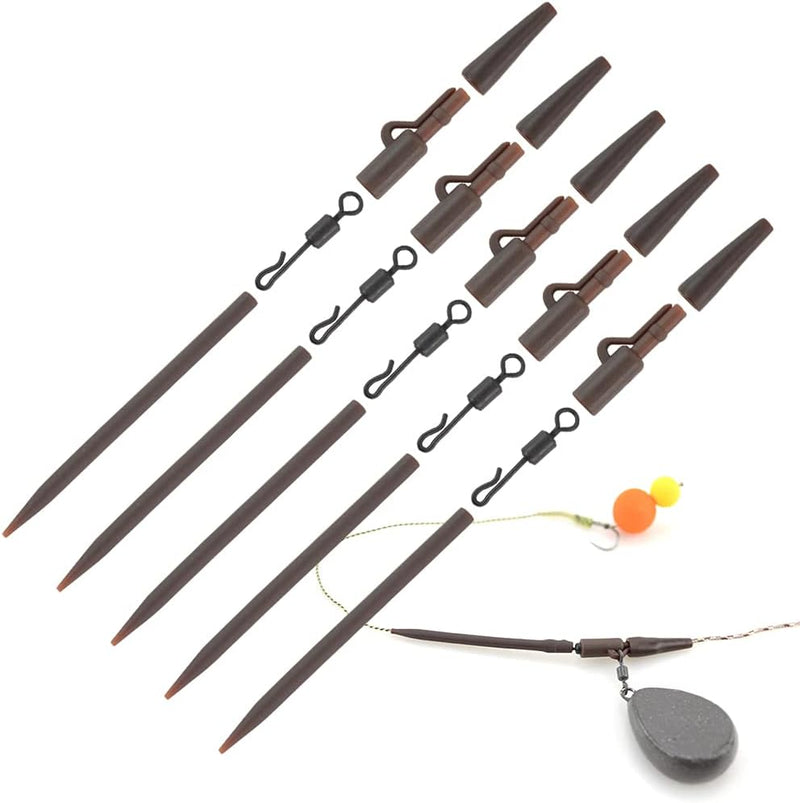 Load image into Gallery viewer, Bruine vistuigset met wartels, haken en kegelvormige rubberen toppen inclusief een veiligheidsloodclip en gewicht, plus twee oranje dobbers op een lijn. Ideaal voor het maken van helikopter hair rigs. Ontdek de ultieme karpervissen rig set voor een succesvolle vangst!.
