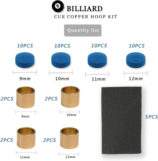 53-delige Biljartkeu Tip Set 9-12 mm – Leren Keutips, Messing Ferrules & Schuurpapier - happygetfit.com
