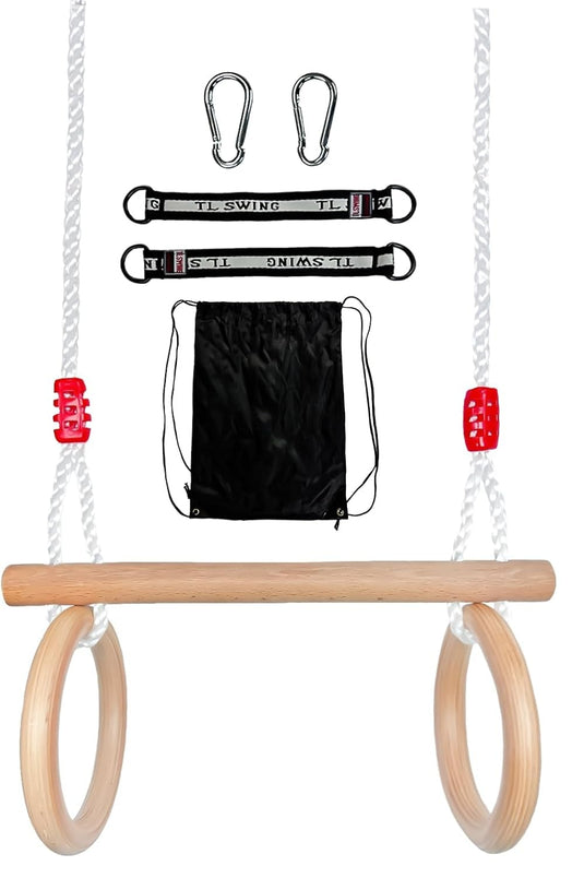 Trapezeschommel 2-in-1 met gymnastiekringen en verstelbare touwen tot 100 kg – houten schommel