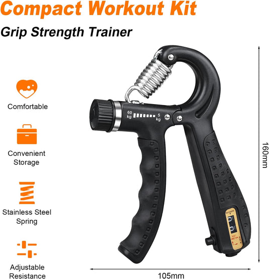 Verstelbare gripkrachttrainer met teller 5-60 kg zwart