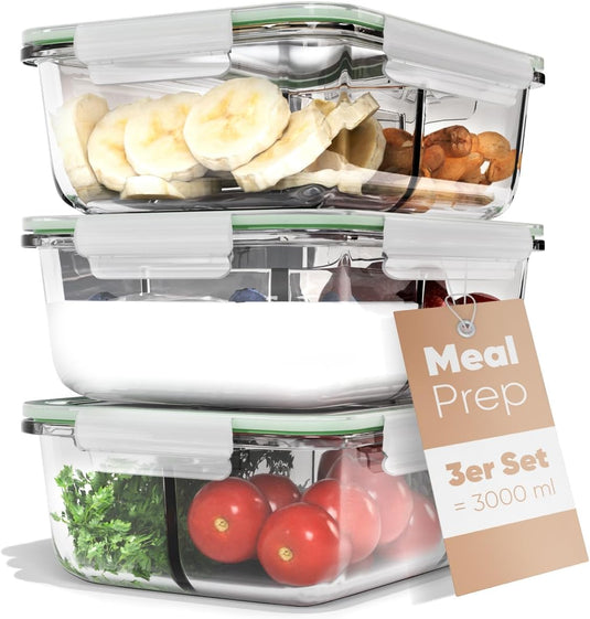 Glazen meal prep bakjes set van 3 met 3 vakken