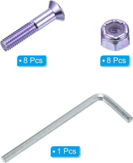 Skateboard hardware set 1 inch met schroeven moeren en inbussleutel paars – montagebouten – skate accessoires