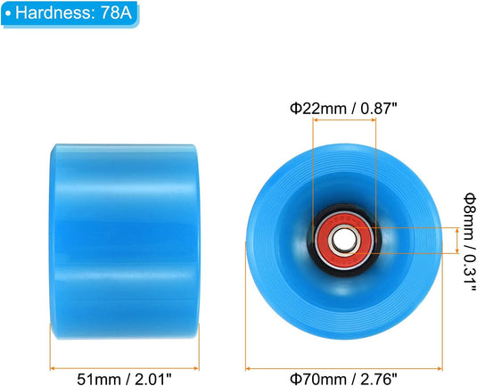 Longboard wielen 70 x 51 mm 78A met ABEC-9 lagers 4 stuks blauw – cruiser skateboard wielen