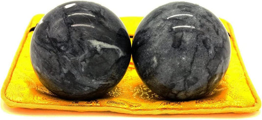 Marmeren baoding ballen 3,5 cm zwart grijs