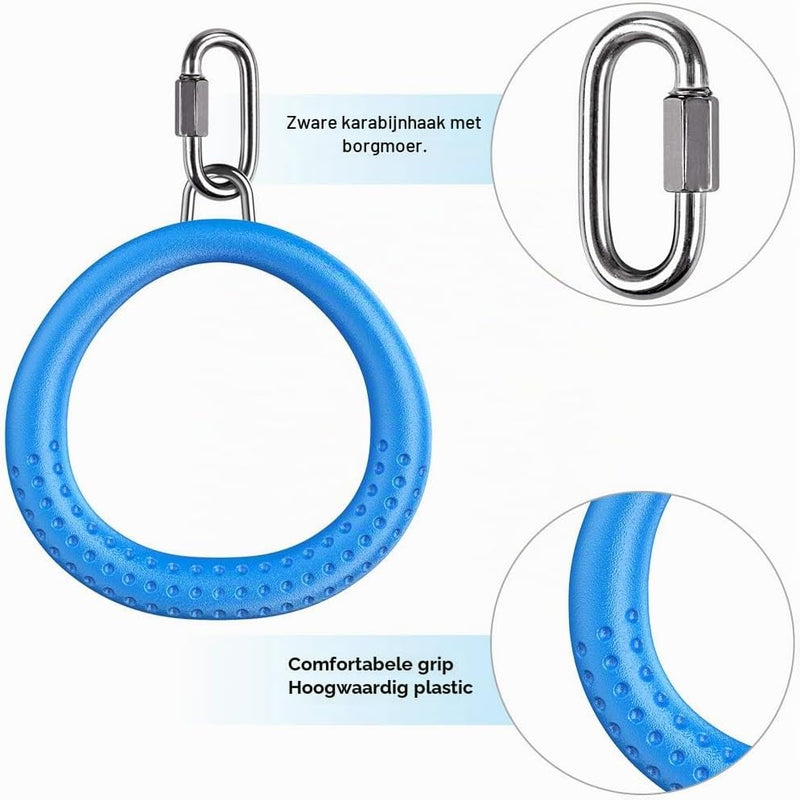 Laden Sie das Bild in Galerie -Viewer, Trapeze ringen 2 stuks met karabijnhaken voor klimrek en schommel – monkey bars – speeltoestel accessoires
