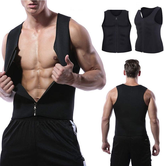 Een man draagt en ritst het 🔥 Zweet pak met ritssluiting – Verbrand sneller vet tijdens elke training 💪 open. Rechts ziet u twee extra aanzichten, voor- en achterkant, van het zwarte mouwloze compressievest.