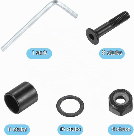 Skateboard hardware set met 25 mm schroeven moeren spacers en washers – 40-delig – skate accessoires