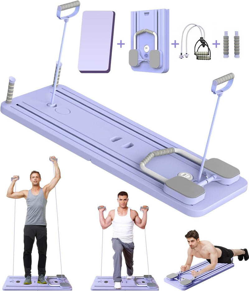 Laad afbeelding in Galerijviewer, Opvouwbaar pilates board met ab roller en weerstandsband paars – buikspiertrainer – pilates trainer
