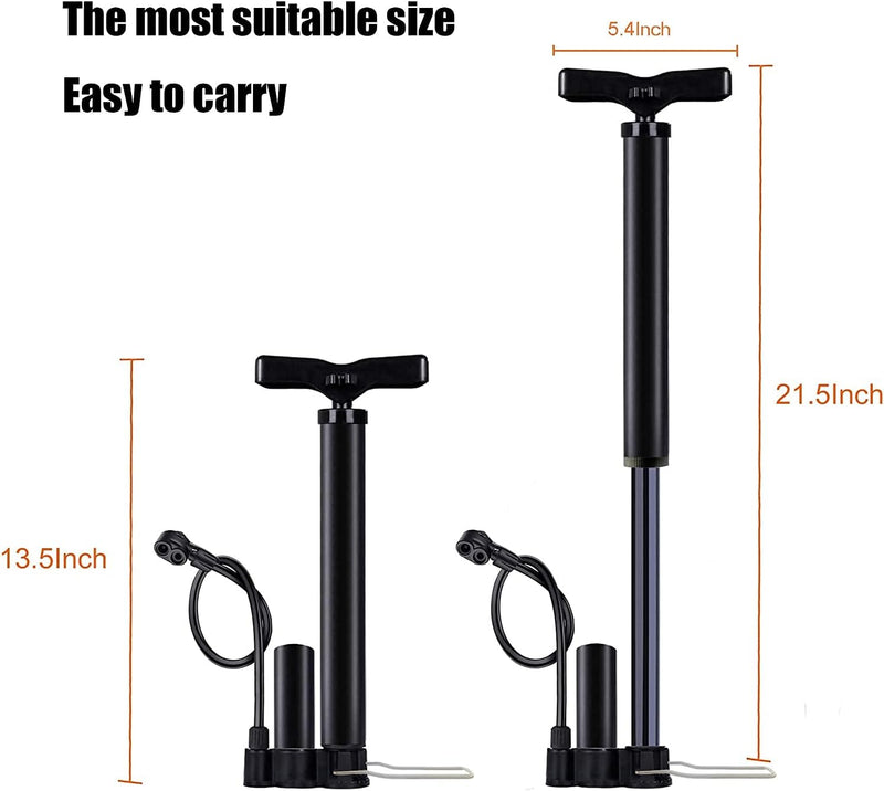 Load image into Gallery viewer, Twee draagbare zwarte luchtpompen: een compact van 13,5 inch en een verlengde van 21,5 inch, beide met slangen en handgrepen. De tekst luidt: &quot;Compatibel met Presta- en Schrader-kleppen. De meest geschikte maat bij 160 PSI hogedrukpomp.&quot; Productnaam: 🚴‍♂️ Snel en moeiteloos banden oppompen met deze hogedruk fietspomp!.
