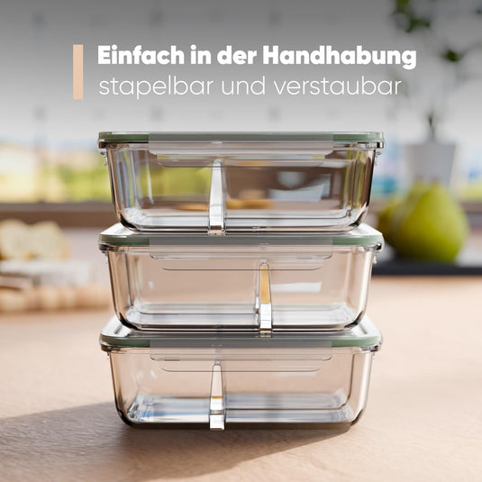 Glazen meal prep bakjes set van 3 met 3 vakken