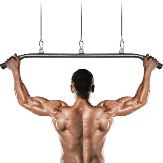 Steel lat pulldown bar with 3 attachment points and non-slip handles – cable pull bar – back training