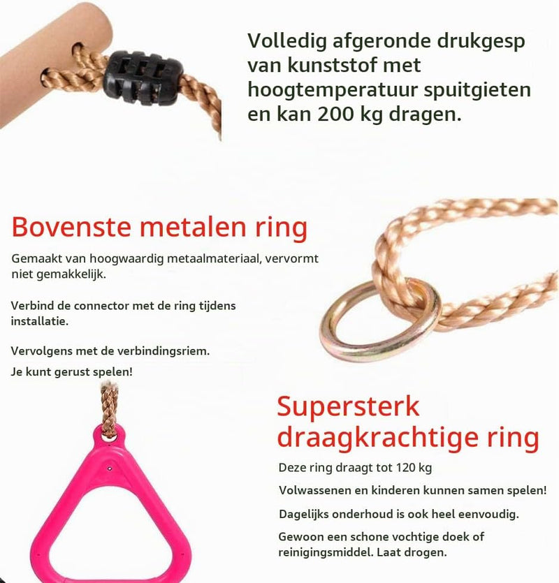 Laden Sie das Bild in Galerie -Viewer, Trapezeschommel 2-in-1 met gymnastiekringen tot 120 kg – houten turnschommel – binnen en buiten
