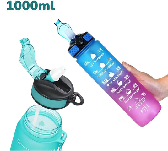 Waterfles met rietje en tijdmarkering 1 liter