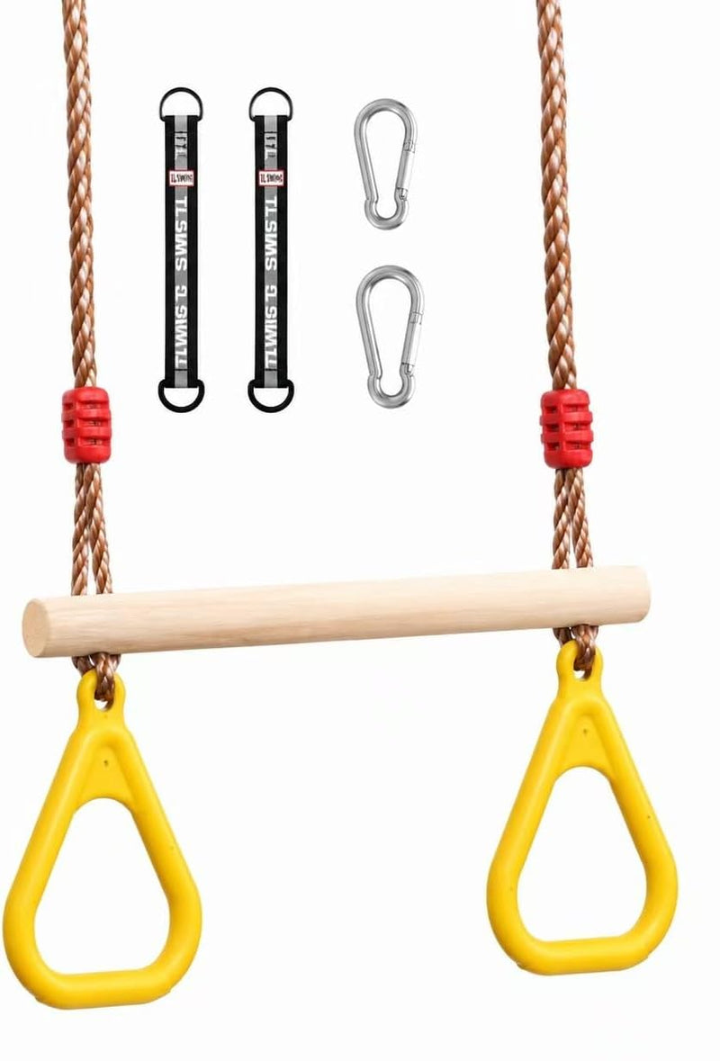 Laden Sie das Bild in Galerie -Viewer, Trapezeschommel 2-in-1 met gymnastiekringen tot 120 kg – houten turnschommel – binnen en buiten
