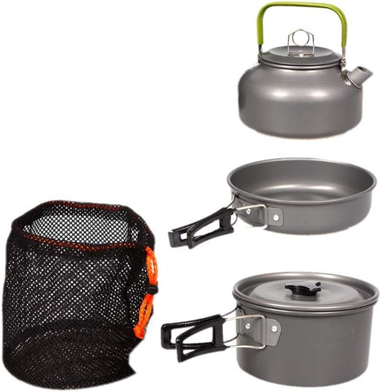 JZK Camp Cookware 2-3 People Set, Pan Pot Teapot Lightweight Outdoor Portable Camping Cooker Set for Trekking Hiking BBQ Picnic Campfire