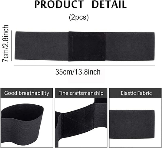 De set "Verbeter jouw golfspel" bestaat uit twee zwarte elastieken, elk 35 cm bij 7 cm, gemaakt van ademend elastisch materiaal om de houding te verbeteren tijdens het trainen van de golfswing.