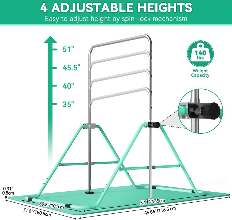 Chargez l'image dans la visionneuse de la galerie, Barre de gymnastique pliable pour enfants avec hauteur réglable et tapis – portique de gymnastique – barre d’entraînement
