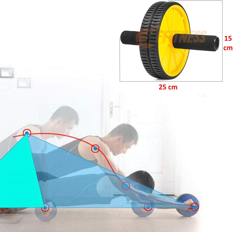 Laad afbeelding in Galerijviewer, Ab roller met dubbele wielen handgrepen en kniemat geel – buikspiertrainer – ab wheel
